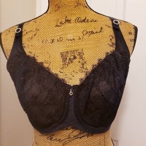 Whimsy Sheer Black Lace Bra 36DDD Sexy Valentine Lingerie Rhinestone Detail EUC